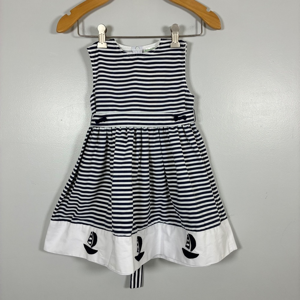 Jo Joe Fashions Dress 3 Navy Striped Nautical Sailboat Bow A-Line Preppy Coastal